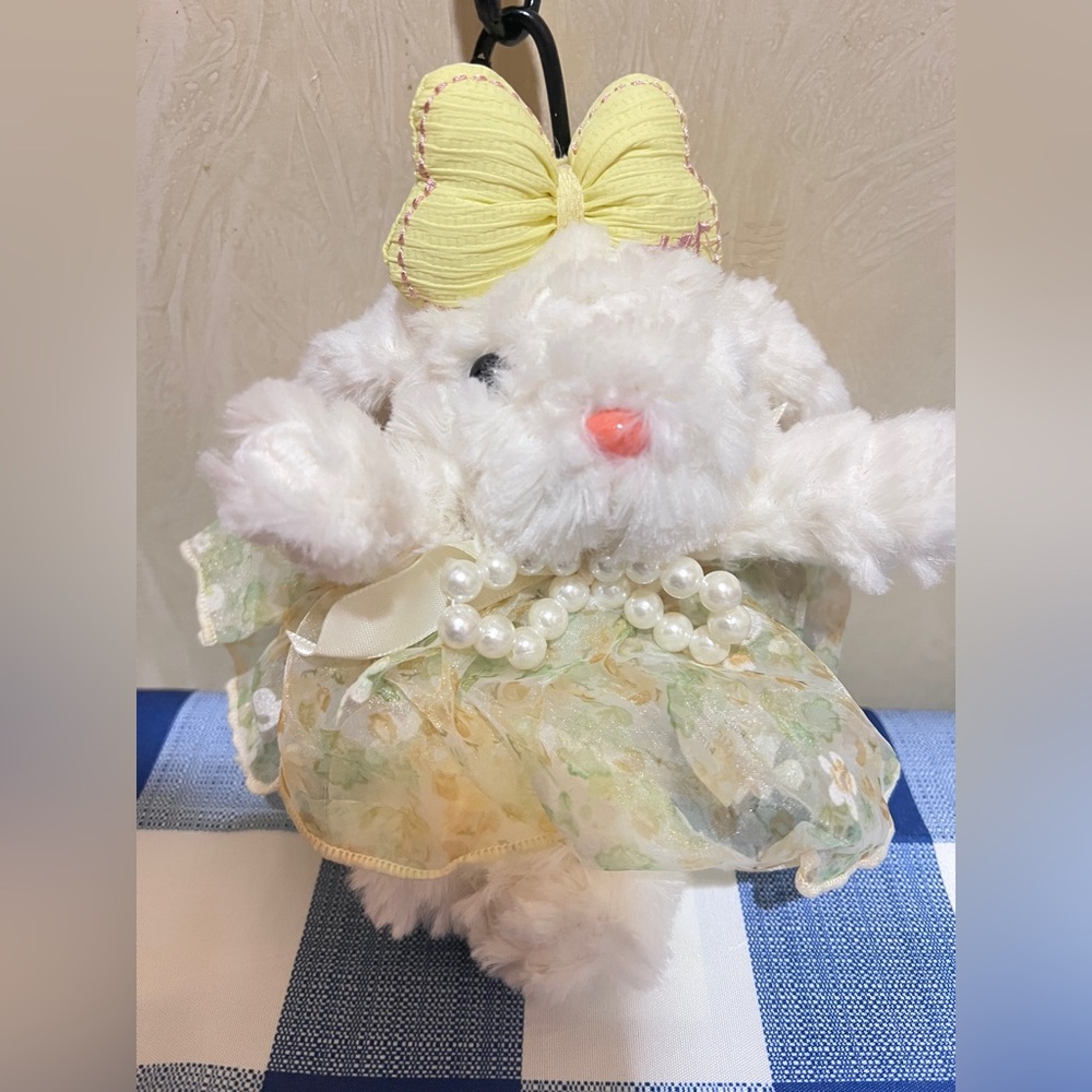 Fluffy White Bunny Doll with Yellow Bow